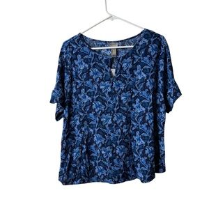 Chicos Navy Blue Floral Keyhole Short Sleeve Crinkle Blouse NWT 0
